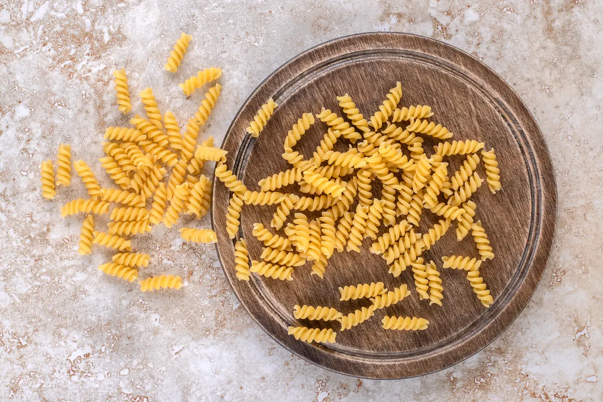 Dried rotini pasta showing how twisted shapes hold sauce