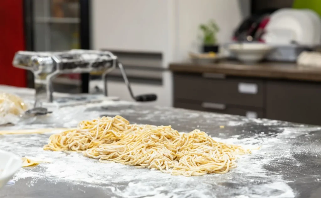 Fresh pasta being prepared with a pasta machine