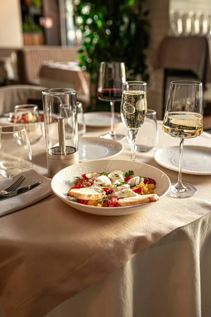 Şarap kadehleri ve mum bulunan restoran masasında servis edilen başlangıç tabağı